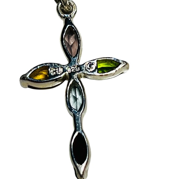 Sterling Silver Multicolor Gemstone Cross Pendant Necklace 20 inch - Picture 4 of 7
